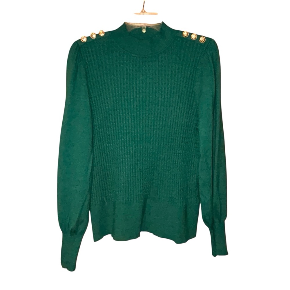 Adrianna Papell Green Mock Neck Sweater XL Gold Button Shoulder Old Money‎